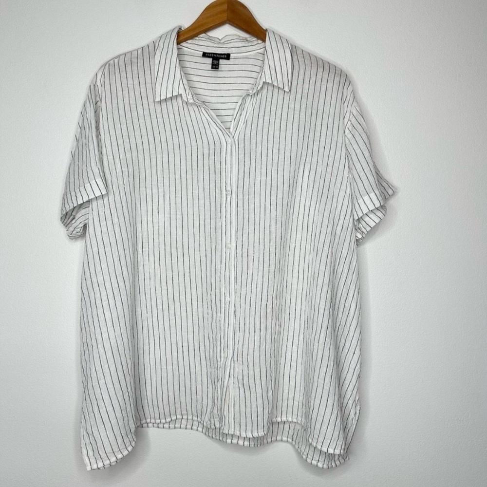 Eileen Fisher Button up Shirt Womens 2X White Striped Crinkled Organic Linen